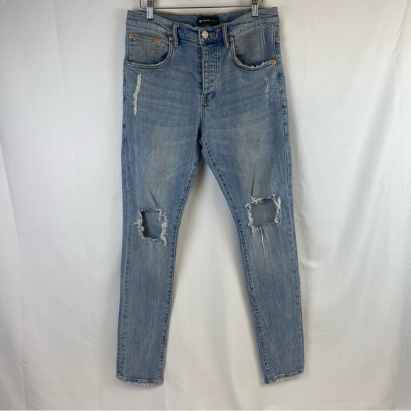 Purple Brand Jeans Mens Skinny Distressed Button Front P002 Light Wash